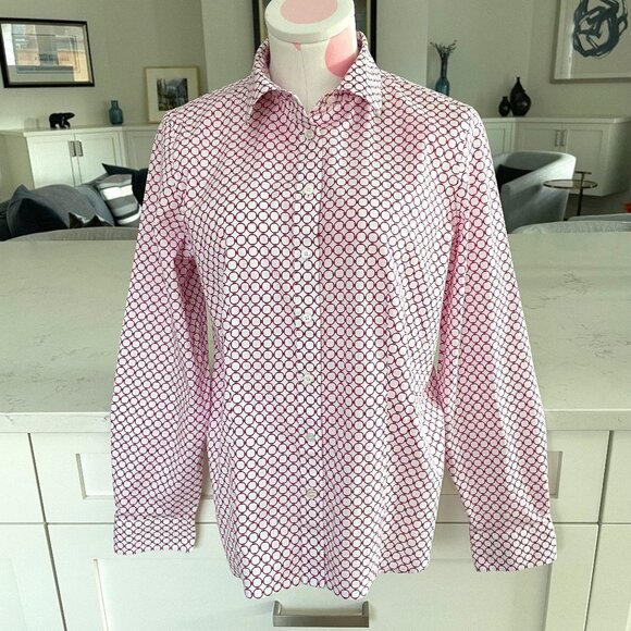 Talbots Petites Lg Slv Button Down Circle Print Cotton Blouse Fuschia Wht Sz 10P - Picture 1 of 11